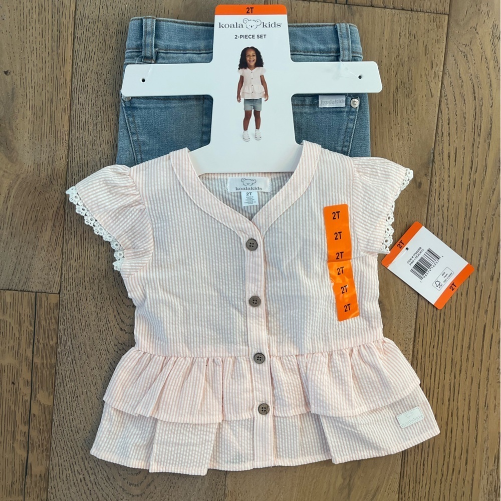 NWT Koala Kids Toddler Girl 2T Short Set Pink Seersucker Lace Summer Jean